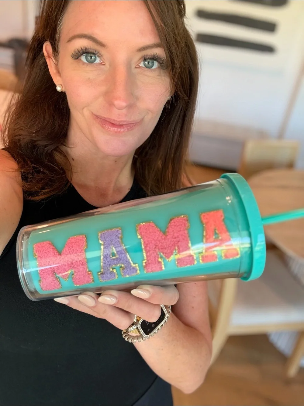 Personalized MAMA or MOM Double-Wall Tumbler with Straw - Blue and Pink